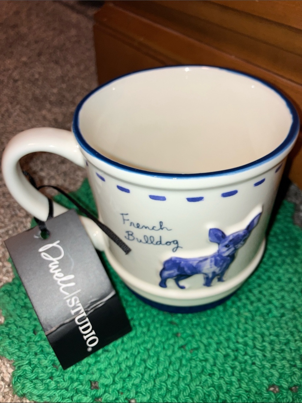 dwell studio White Ceramic Mug with Blue French Bulldog Design new